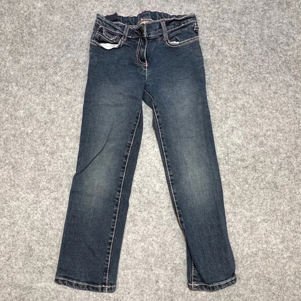 Gymboree Girls Youth 7 Dark Wash Pink Contrast Stitch Straight Leg Jeans